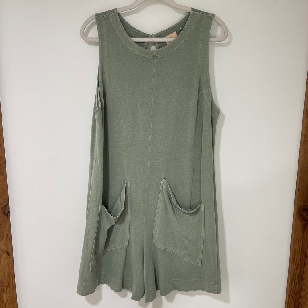 Scrap Work Boutique Women Large Sage Green Cotton Mineral Wash Pocket Romper L